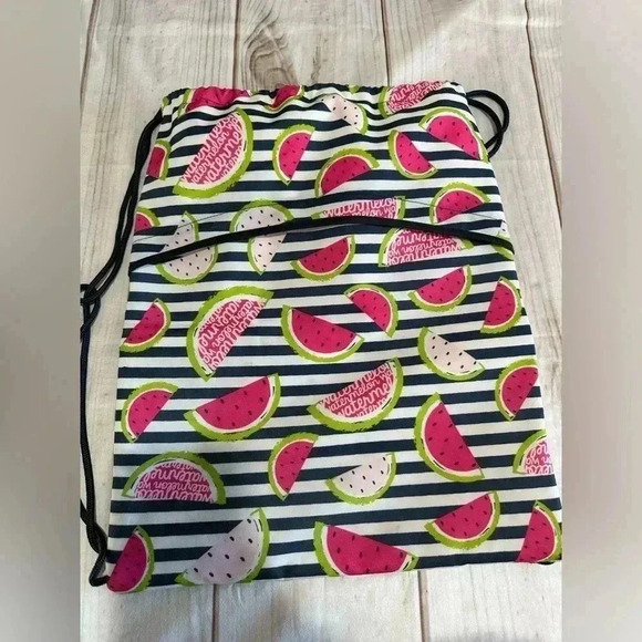 Thirty One Cinch Sac Drawstring Backpack Watermelon Stripe Thermal - Picture 1 of 7